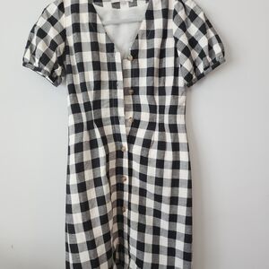 LOFT Black & White Gingham Button-Front Midi Dress
